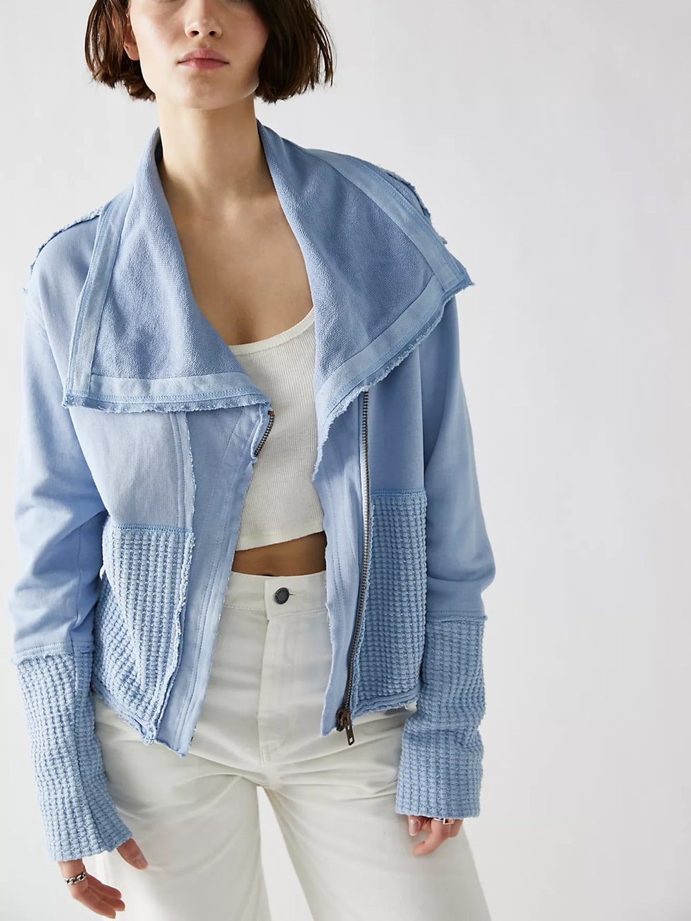 We The Free Light Blue Bomber Jacket with Knit Paneling